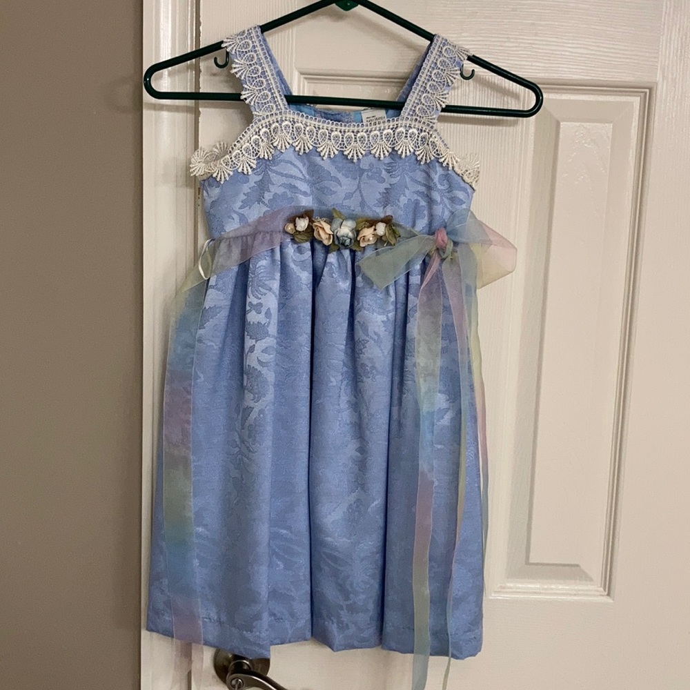 Fancy dress blue w/ lace & lace tie & flowers FLOWER GIRL QUINCINERA SISTER